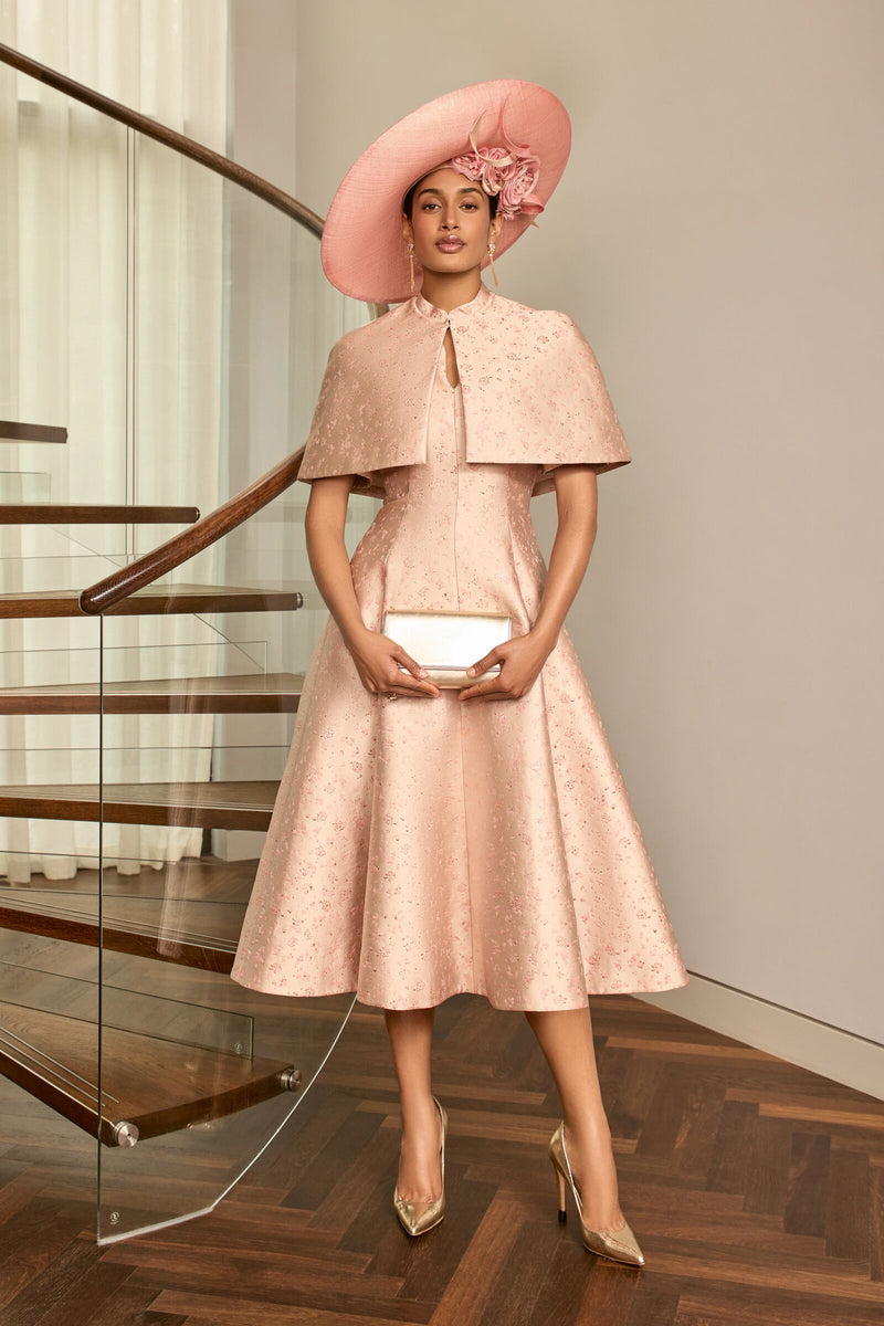 Load image into Gallery viewer, Constanza Dress and Cape Set Heirloom Brocade Rose and Gold