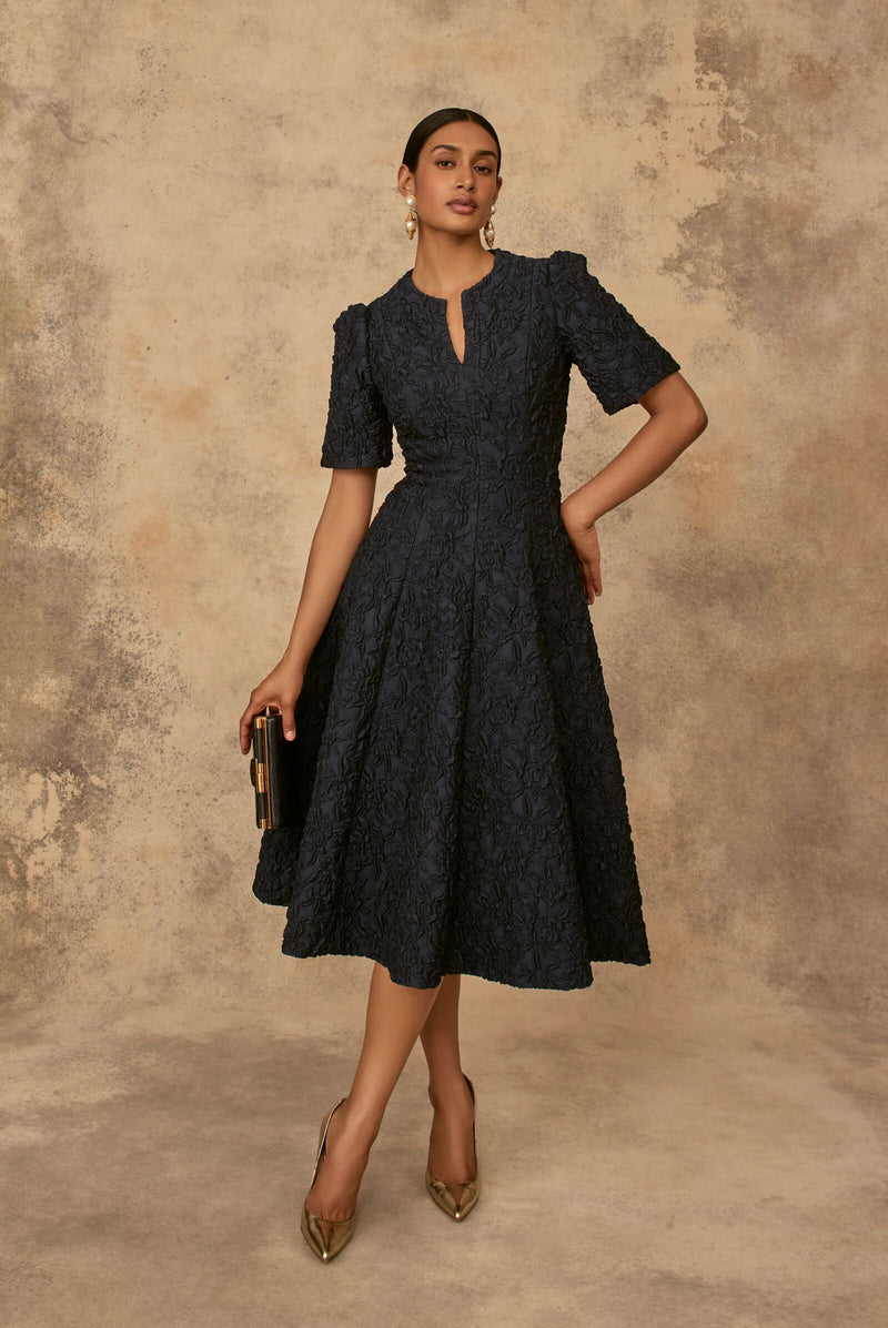 Load image into Gallery viewer, Darlena Dress Navy Stretch Rose Cloqué