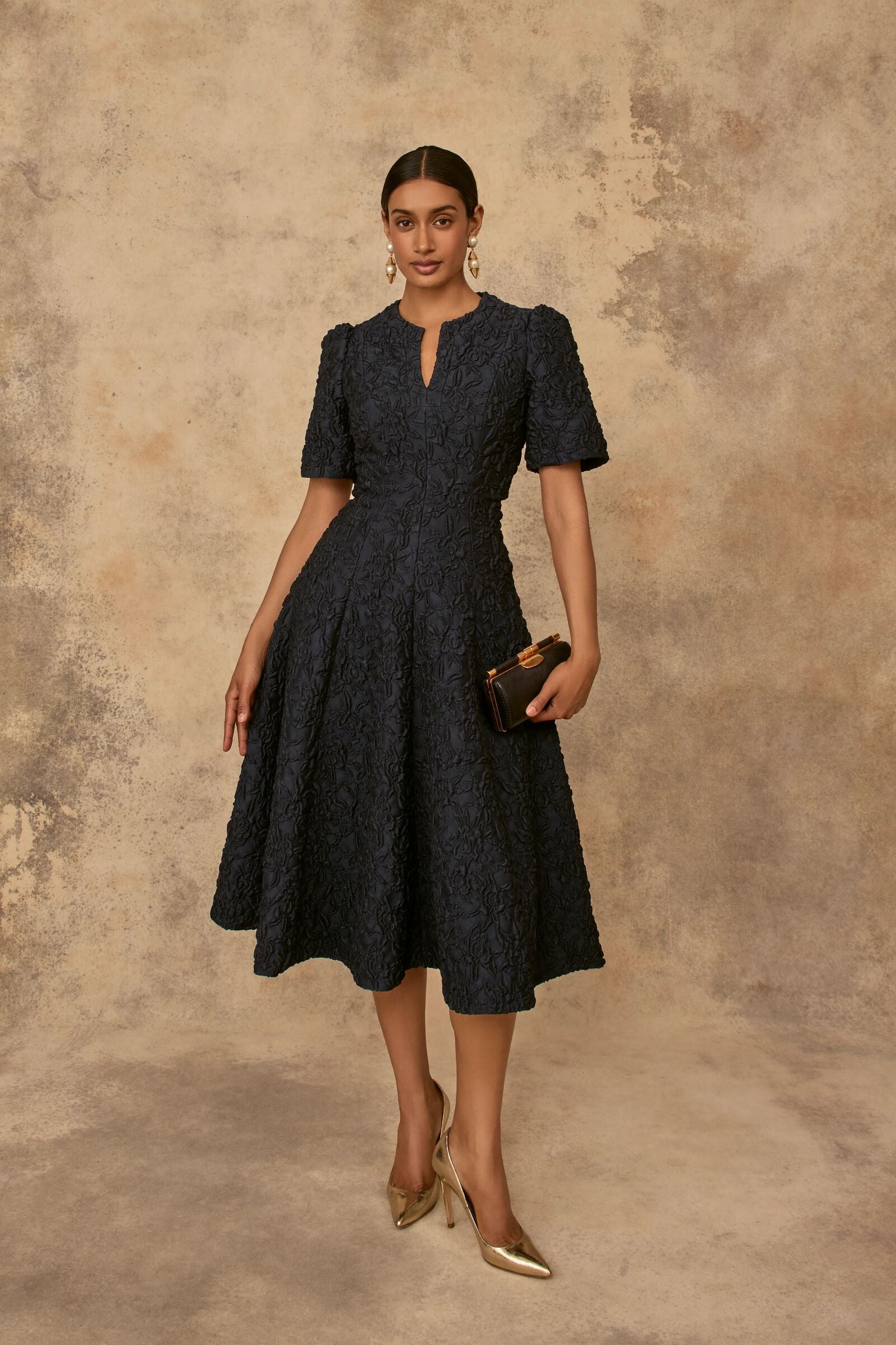 Darlena Dress Navy Stretch Rose Cloqué
