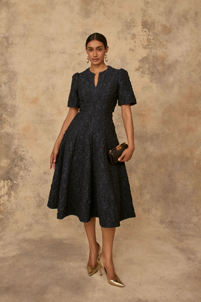 Load image into Gallery viewer, Darlena Dress Navy Stretch Rose Cloqué