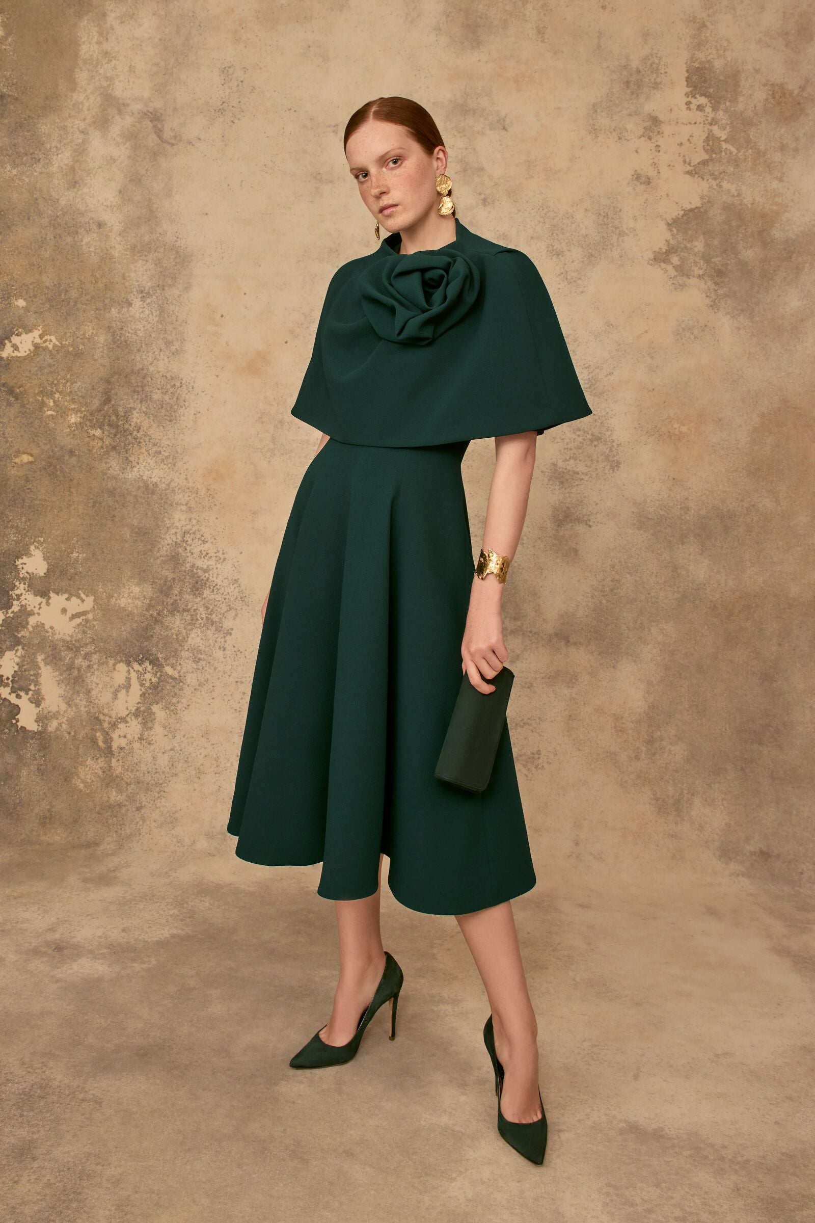 Darlena Dress and Cape Set Forest Green Cloqué