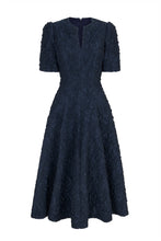 Load image into Gallery viewer, Darlena Dress Navy Stretch Rose Cloqué