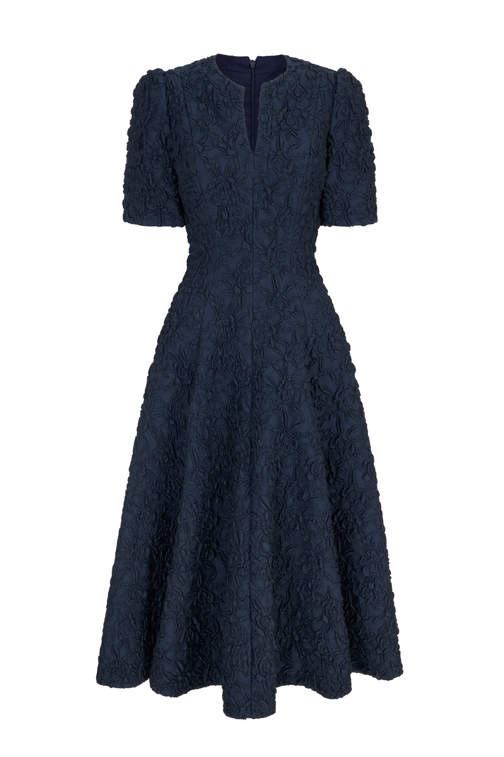 Load image into Gallery viewer, Darlena Dress Navy Stretch Rose Cloqué