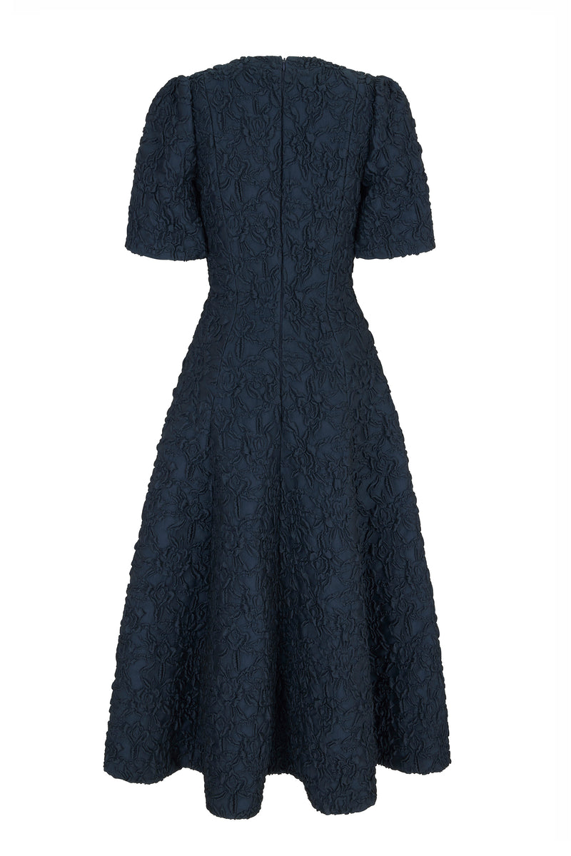 Load image into Gallery viewer, Darlena Dress Navy Stretch Rose Cloqué