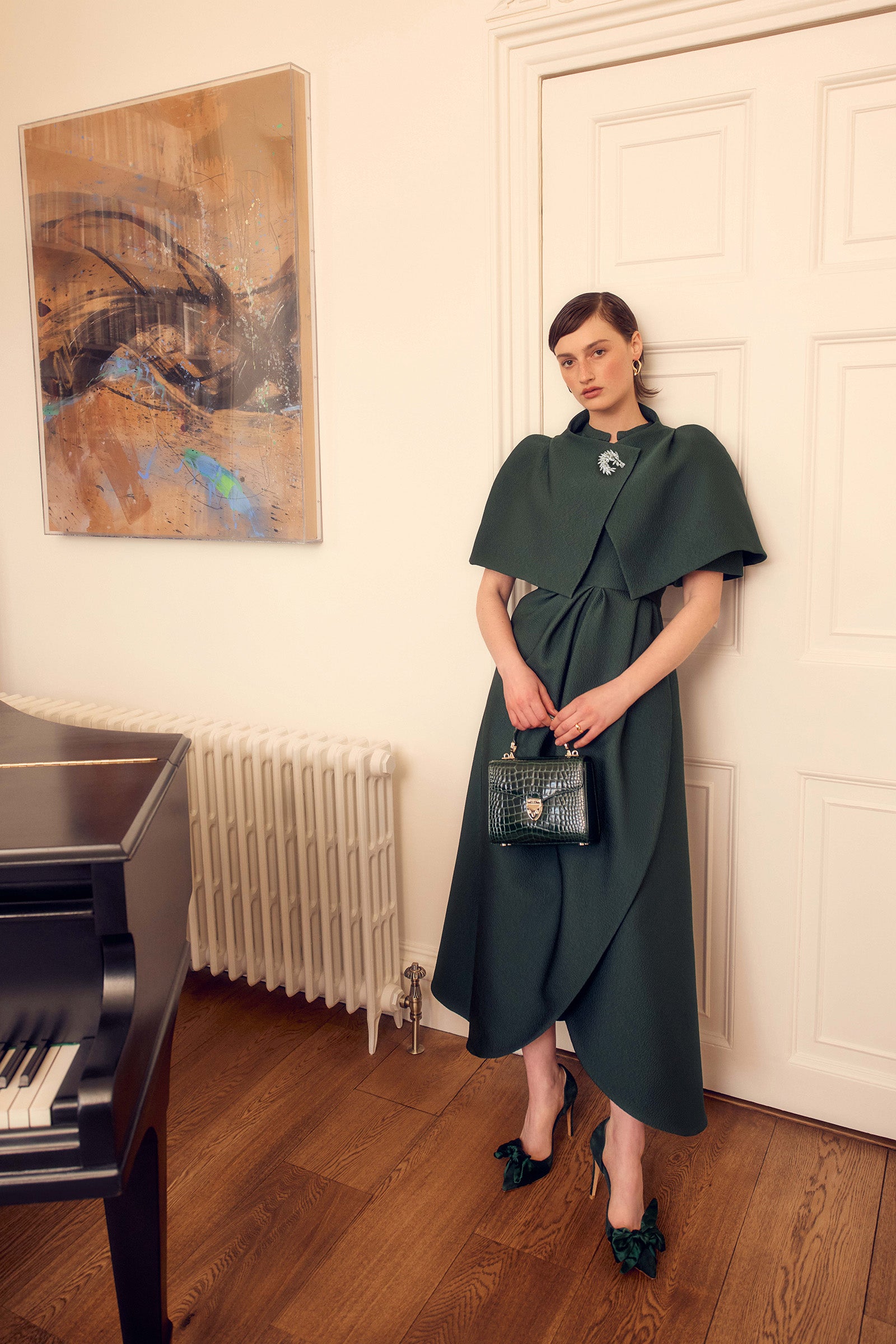 Delphine Forest Green Dress, Cape & Crystal Brooch