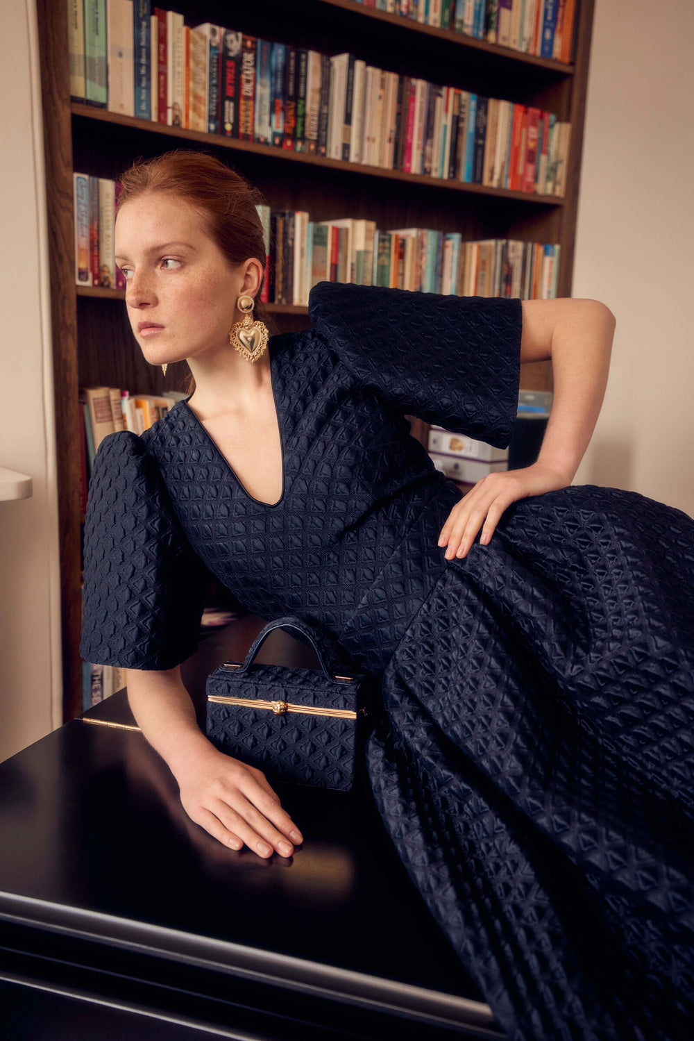 Load image into Gallery viewer, Dorothea Dress Navy Diamond Cloqué