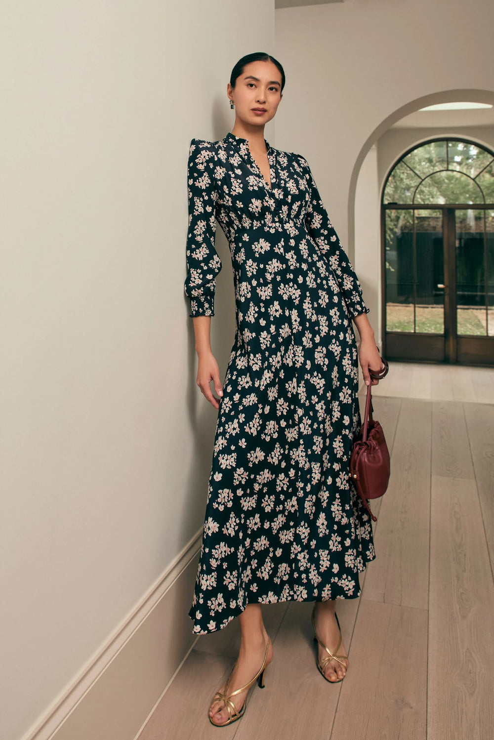 Load image into Gallery viewer, Elyse Silk Tea Dress Navy Plum Blossom x Marieluise Bantel