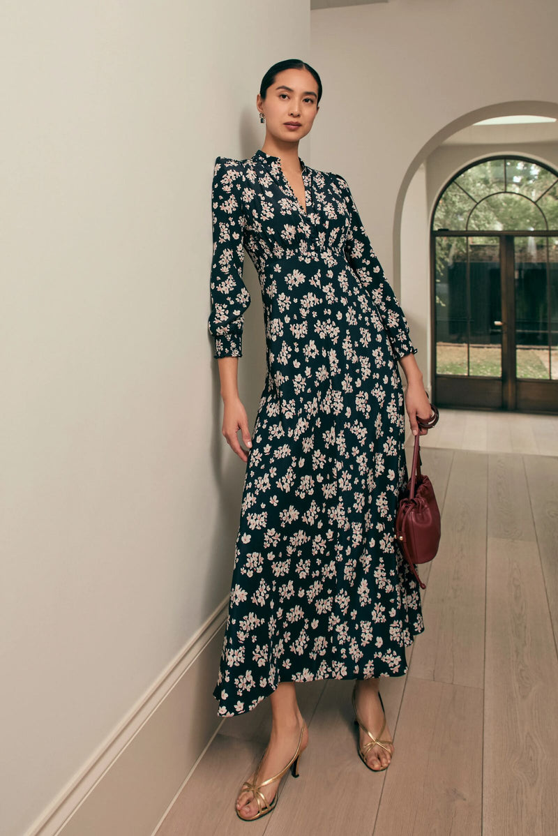 Load image into Gallery viewer, Elyse Silk Tea Dress Navy Plum Blossom x Marieluise Bantel