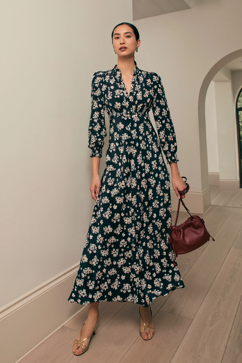 Load image into Gallery viewer, Elyse Silk Tea Dress Navy Plum Blossom x Marieluise Bantel