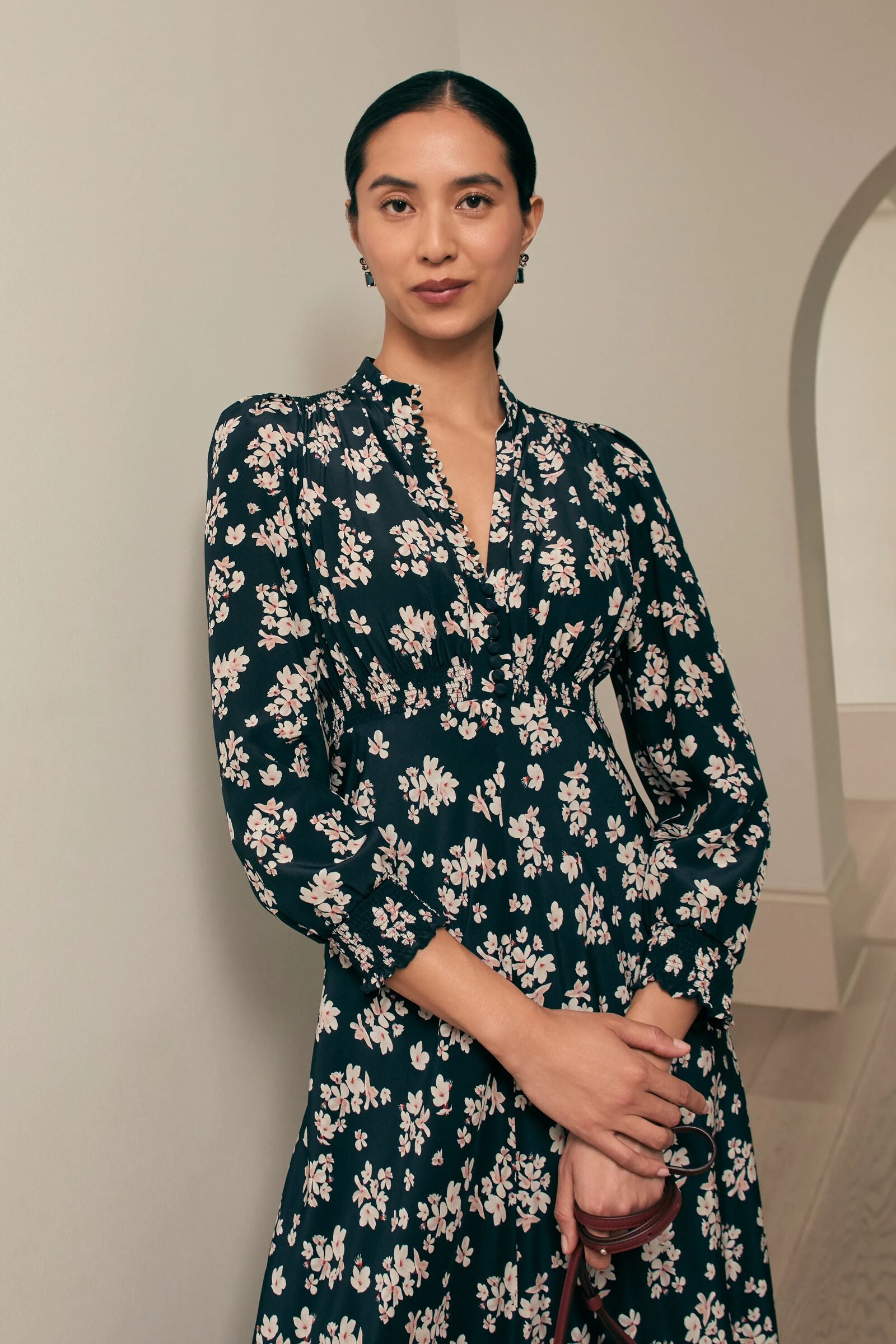 Elyse Silk Tea Dress | Navy Plum Blossom | Suzannah London