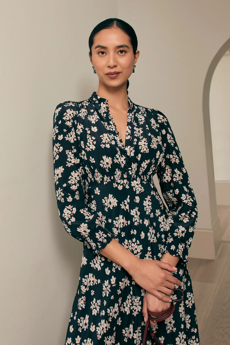 Load image into Gallery viewer, Elyse Silk Tea Dress Navy Plum Blossom x Marieluise Bantel