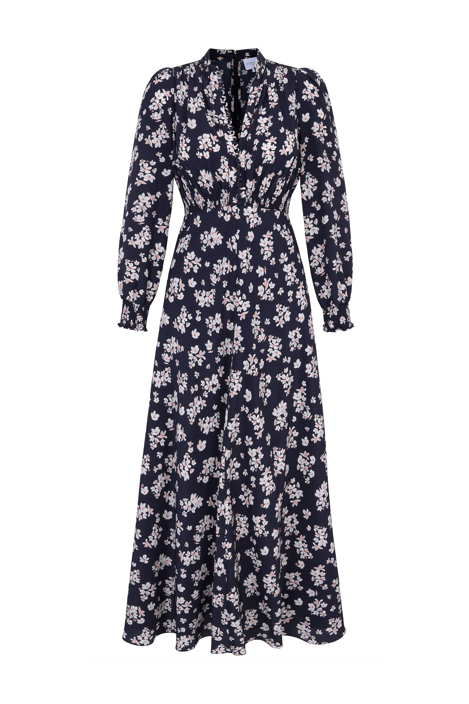 Elyse Silk Tea Dress Navy Plum Blossom x Marieluise Bantel