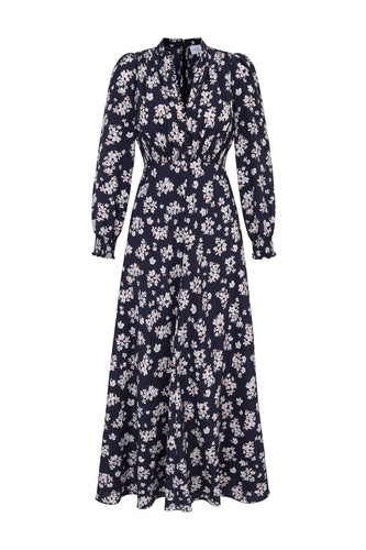 Elyse Silk Tea Dress Navy Plum Blossom x Marieluise Bantel