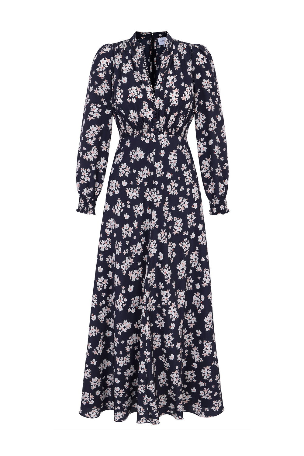 Load image into Gallery viewer, Elyse Silk Tea Dress Navy Plum Blossom x Marieluise Bantel