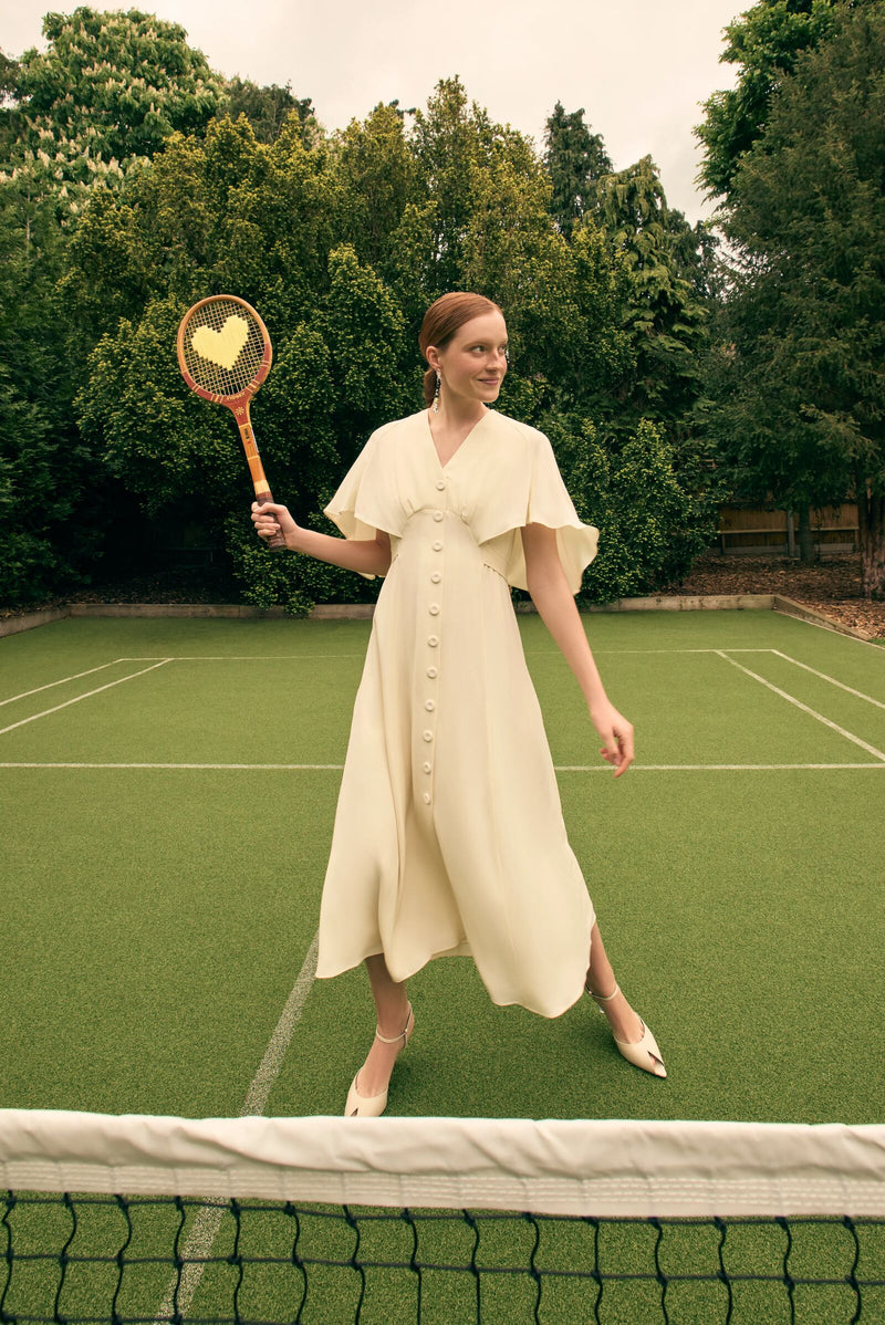 Load image into Gallery viewer, Florence Cape Dress Silk Crepe Vanilla