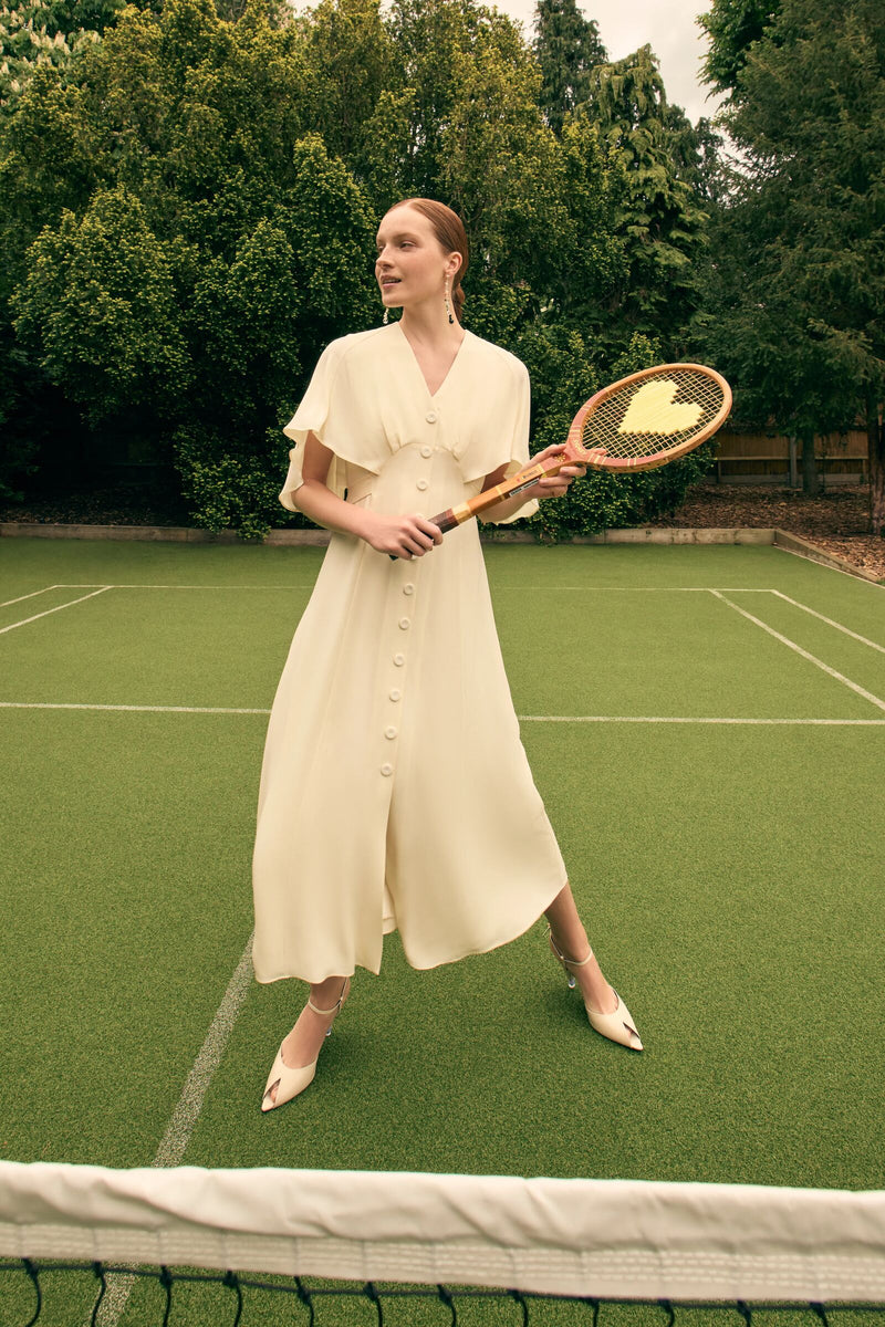 Load image into Gallery viewer, Florence Cape Dress Silk Crepe Vanilla
