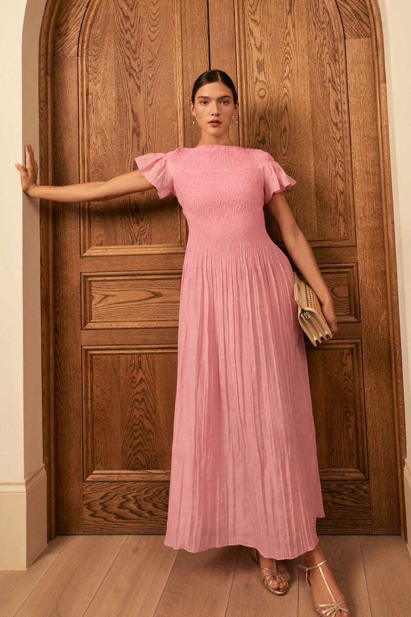 Load image into Gallery viewer, Formentera Plissé Cotton Silk Dress Raspberry