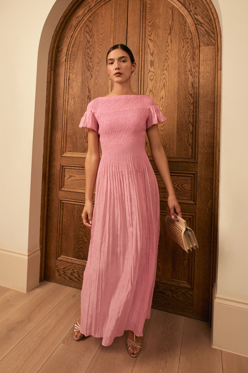 Load image into Gallery viewer, Formentera Plissé Cotton Silk Dress Raspberry