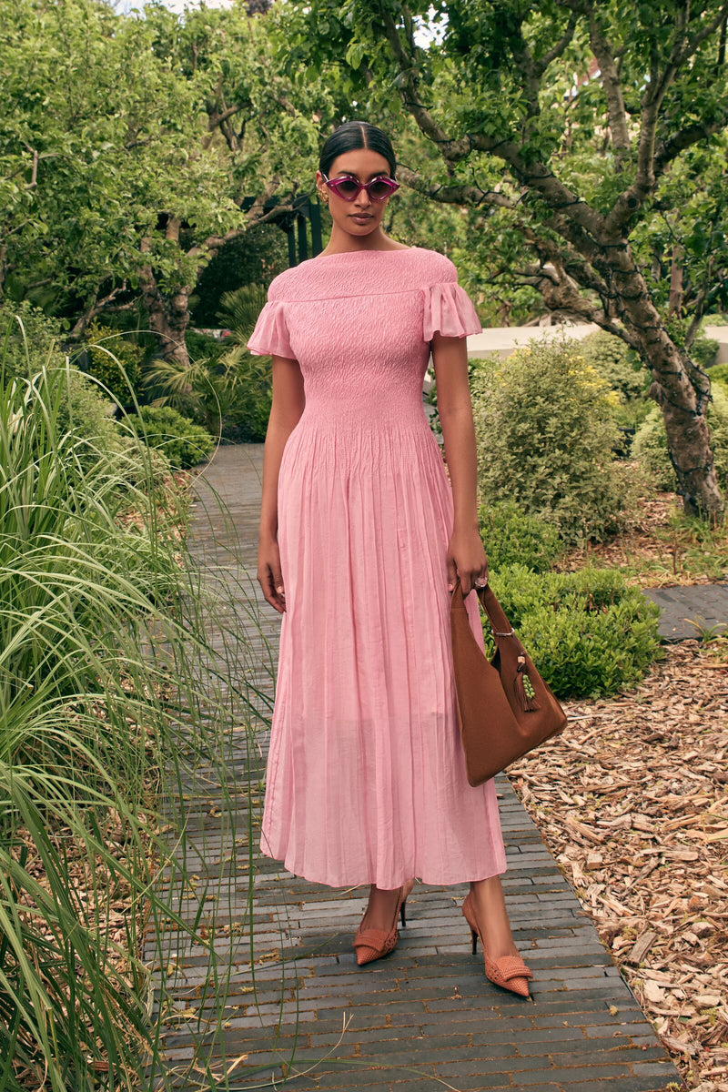 Load image into Gallery viewer, Formentera Plissé Cotton Silk Dress Raspberry