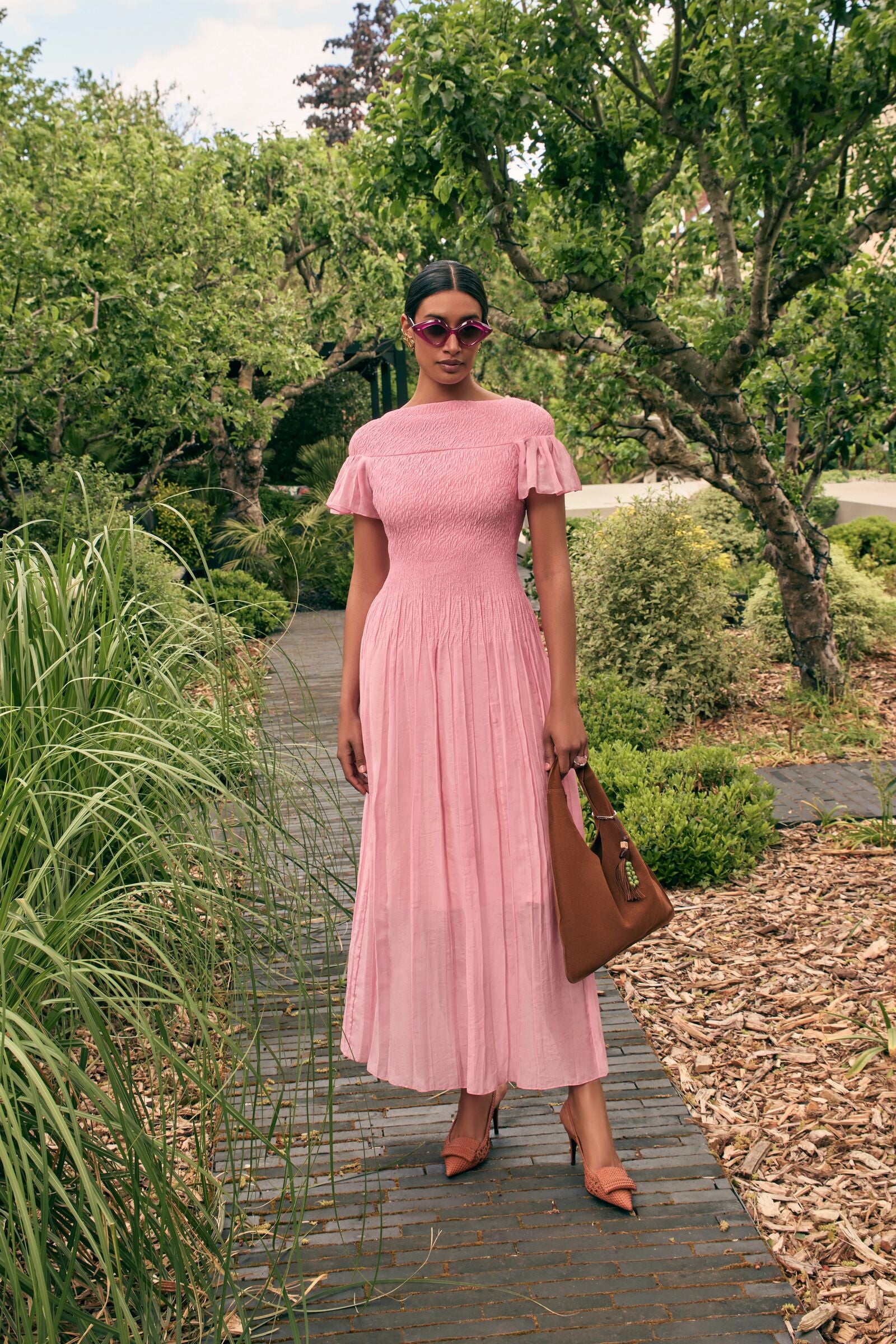 Formentera Plissé Cotton Silk Dress Raspberry