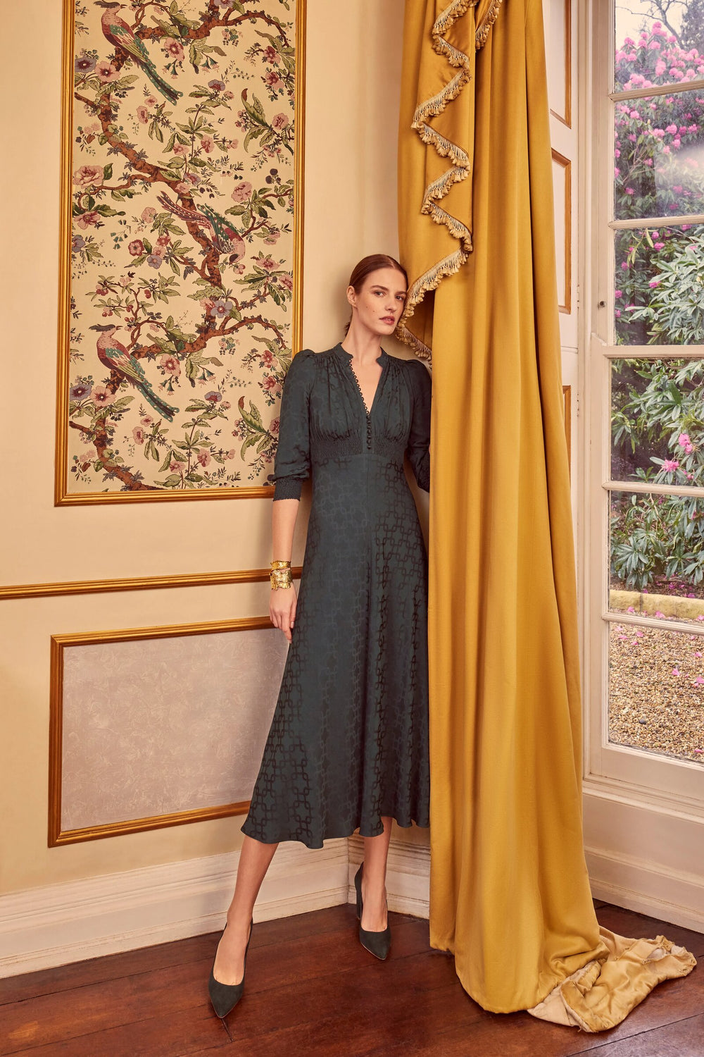 Load image into Gallery viewer, Gabriella Dress Geometric Jacquard Forest Green