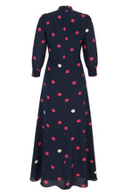 Load image into Gallery viewer, Gabriella Silk Tea Dress Navy Polka Dots