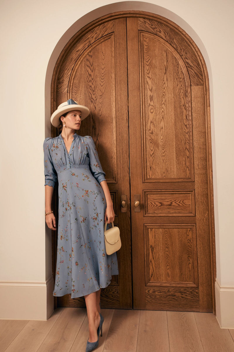 Load image into Gallery viewer, Gabriella Silk Tea Dress Meadow Floral Blue
