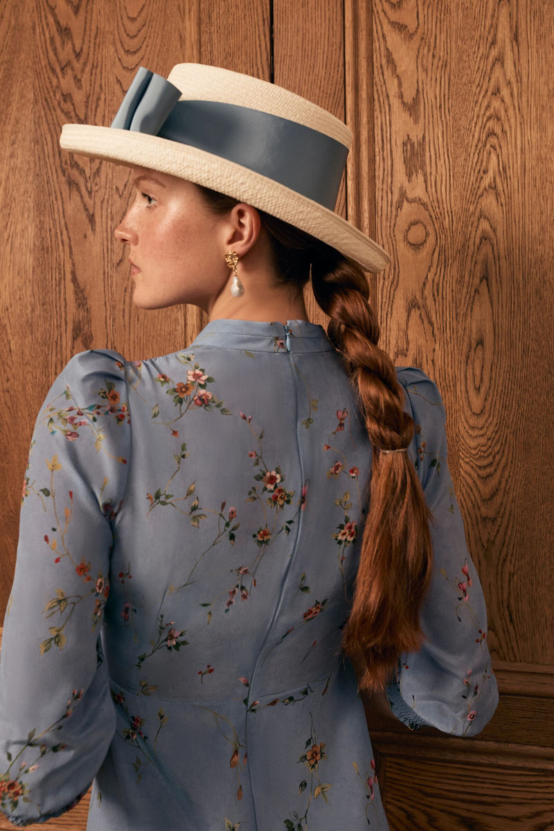 Load image into Gallery viewer, Gabriella Silk Tea Dress Meadow Floral Blue