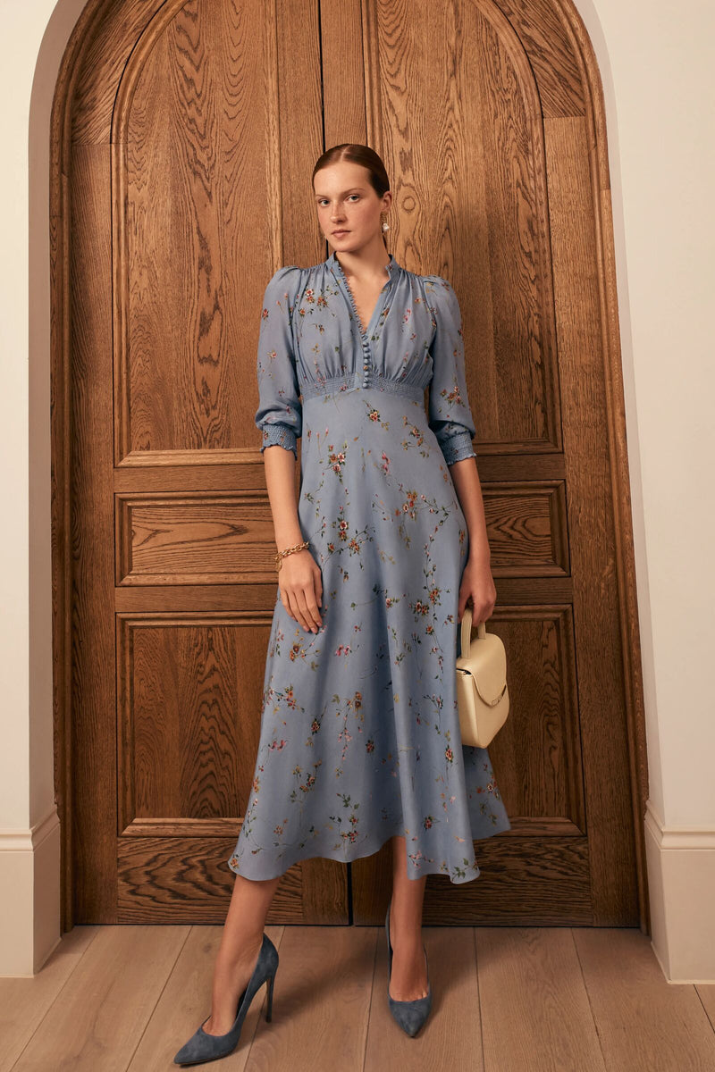 Load image into Gallery viewer, Gabriella Silk Tea Dress Meadow Floral Blue
