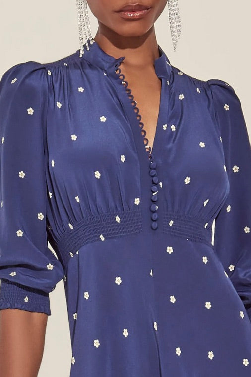 Load image into Gallery viewer, Gabriella Tea Dress Navy Pearl Daisy Dot