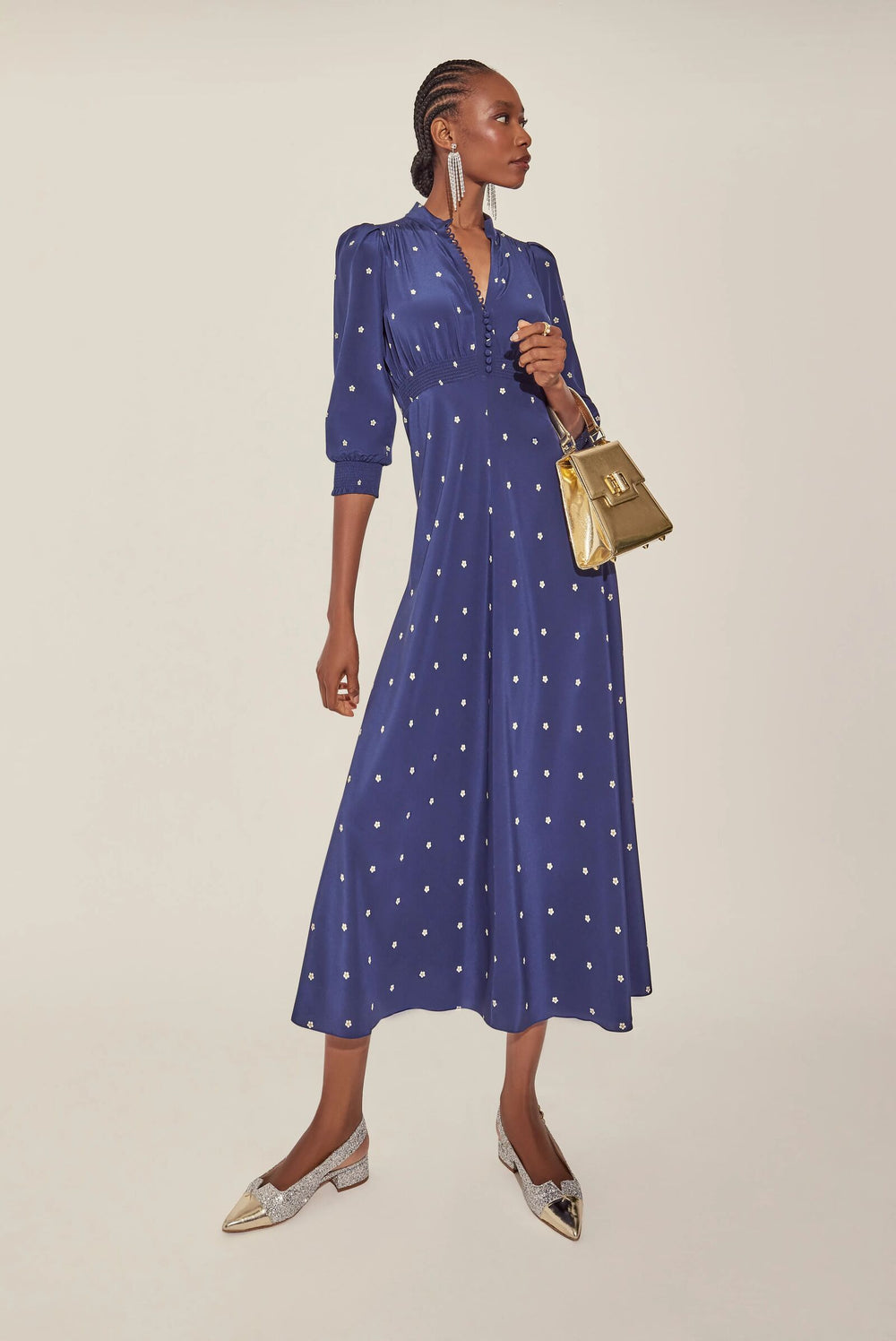 Load image into Gallery viewer, Gabriella Tea Dress Navy Pearl Daisy Dot
