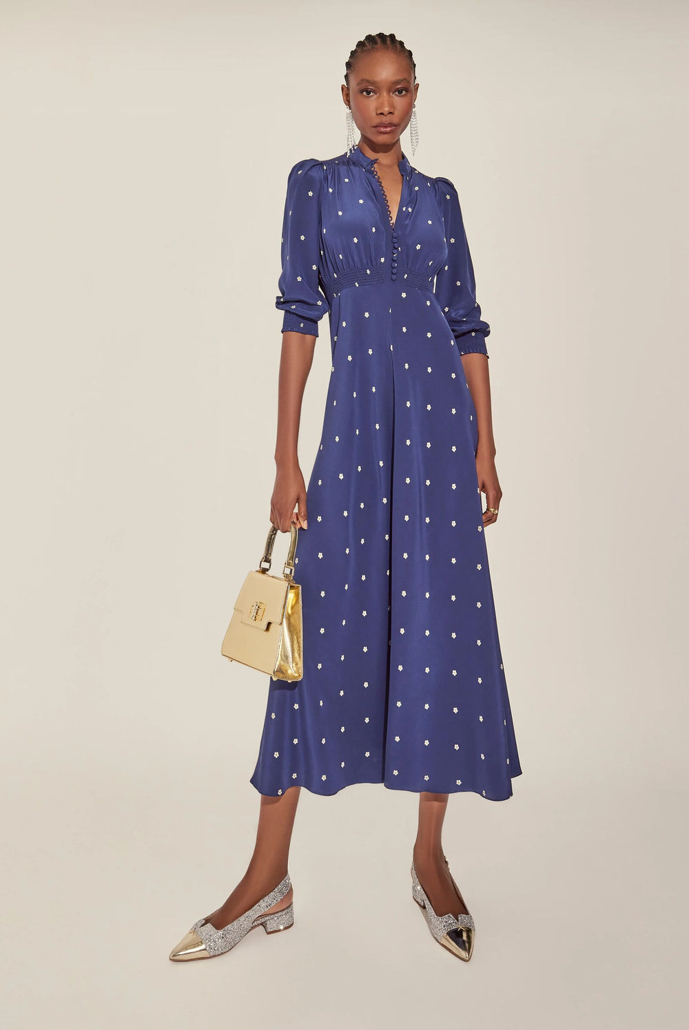Load image into Gallery viewer, Gabriella Tea Dress Navy Pearl Daisy Dot