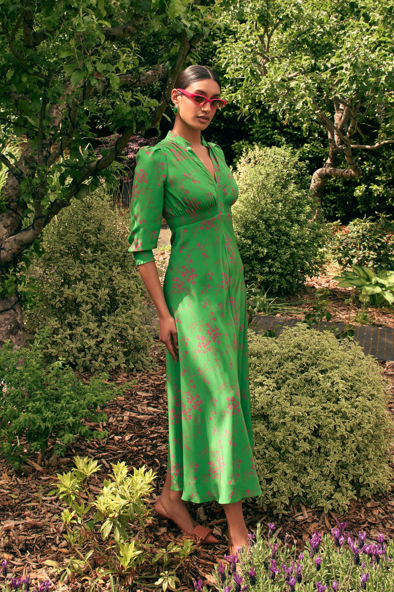 Load image into Gallery viewer, Gabriella Silk Tea Dress Oriental Floral Green