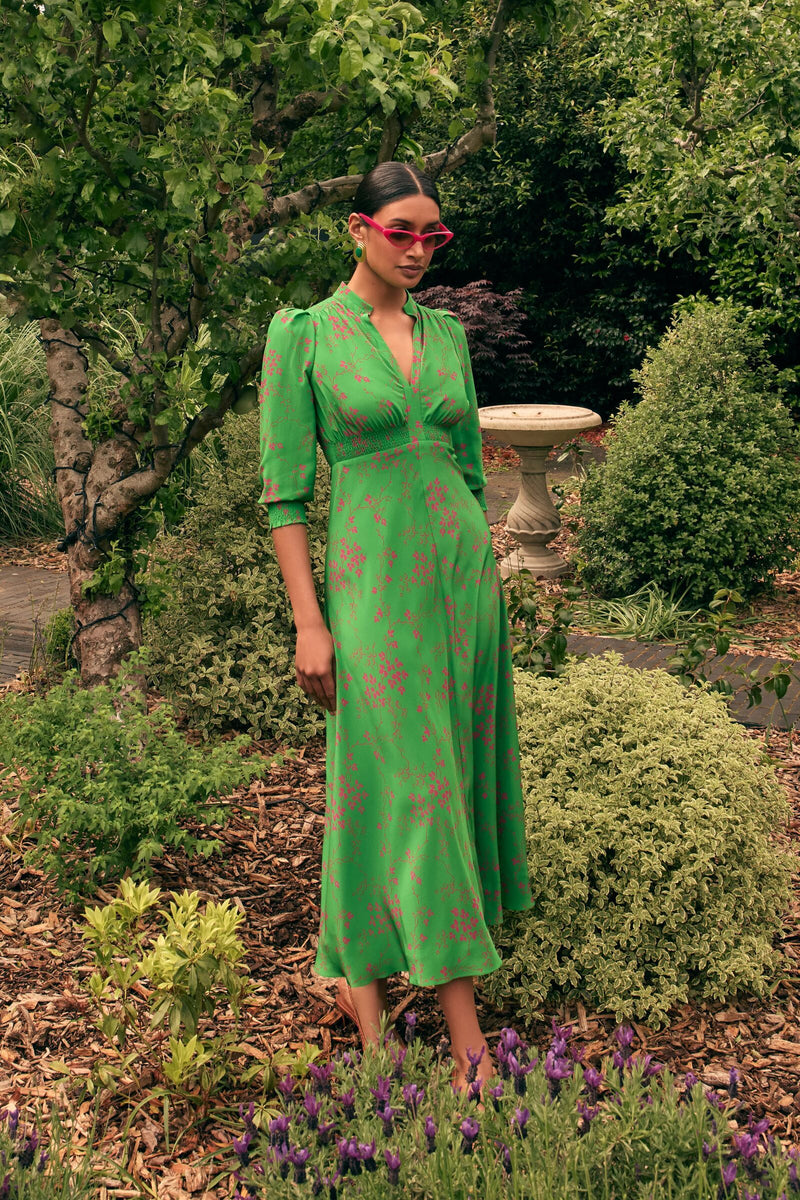 Load image into Gallery viewer, Gabriella Silk Tea Dress Oriental Floral Green