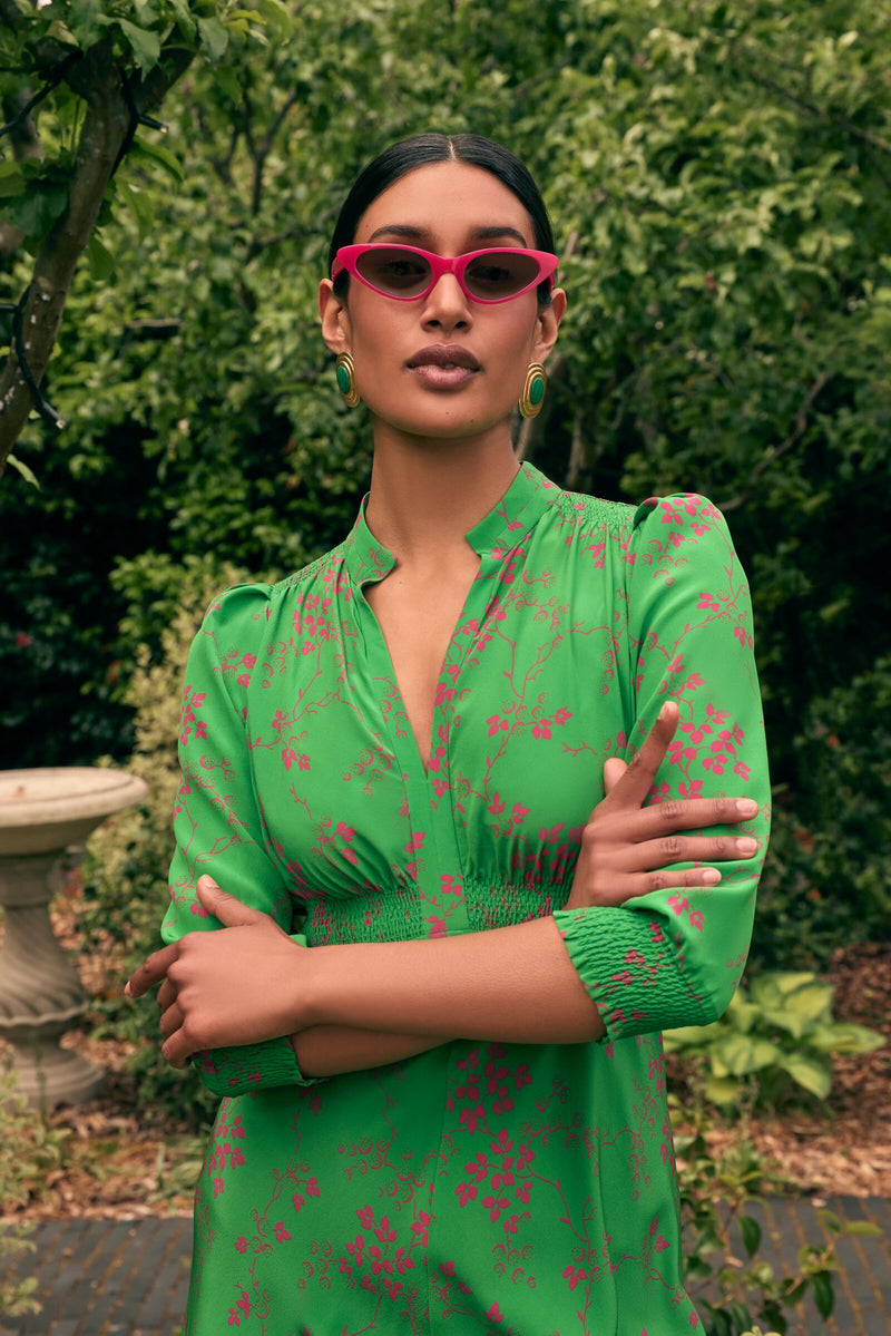 Load image into Gallery viewer, Gabriella Silk Tea Dress Oriental Floral Green