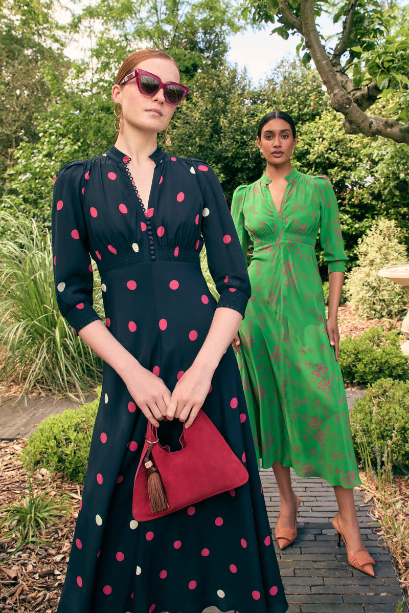 Load image into Gallery viewer, Gabriella Silk Tea Dress Navy Polka Dots