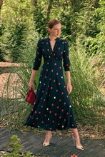 Load image into Gallery viewer, Gabriella Silk Tea Dress Navy Polka Dots