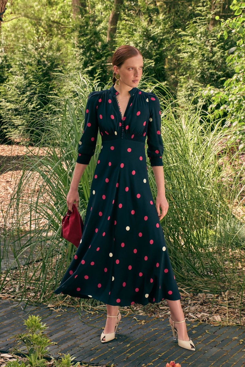 Load image into Gallery viewer, Gabriella Silk Tea Dress Navy Polka Dots