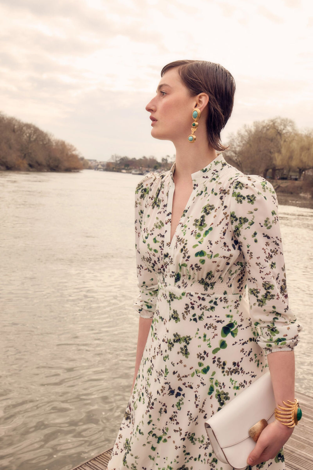 Load image into Gallery viewer, Veronique Full Length Silk Tea Dress Clover Floral x Rachel Levy