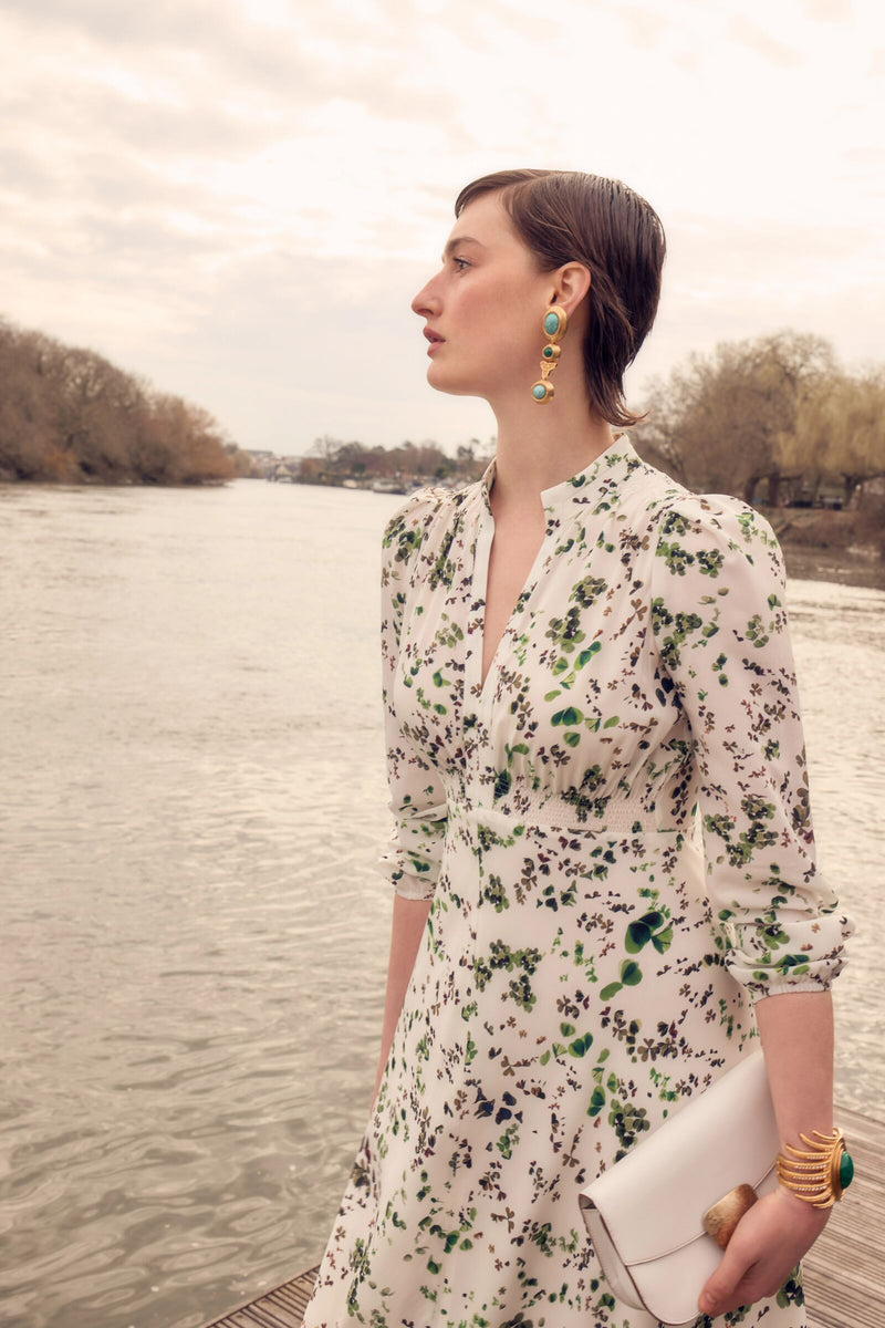 Load image into Gallery viewer, Veronique Full Length Silk Tea Dress Clover Floral x Rachel Levy