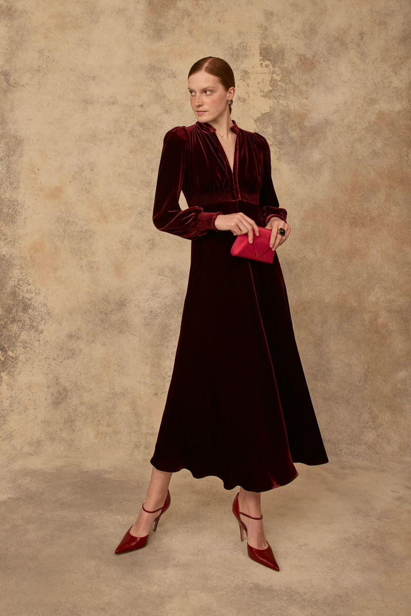 Load image into Gallery viewer, Gloria  Velvet Tea Dress Merlot Red