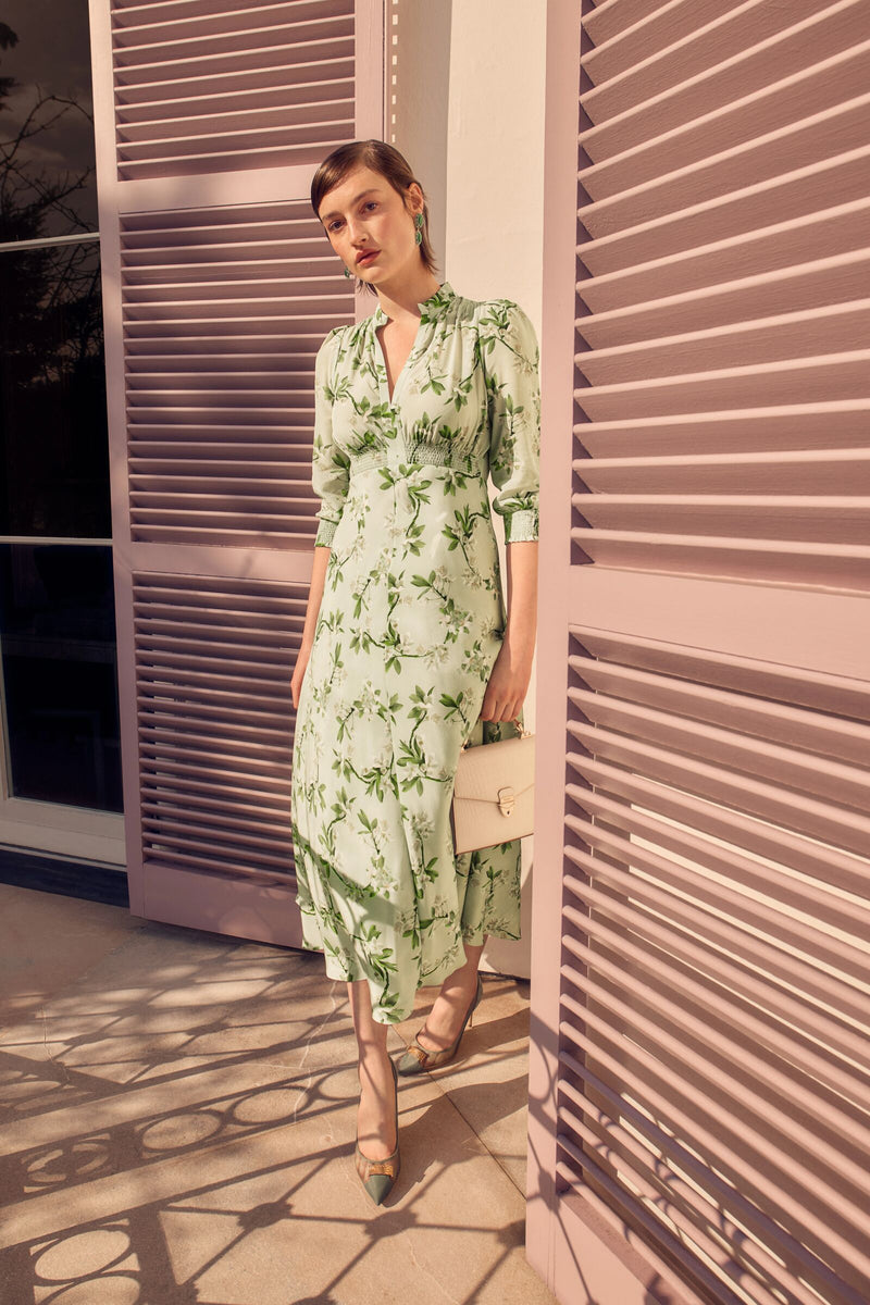 Load image into Gallery viewer, Gracie Grandad Silk Tea Dress Blossom Wreath x Marieluise Bantel