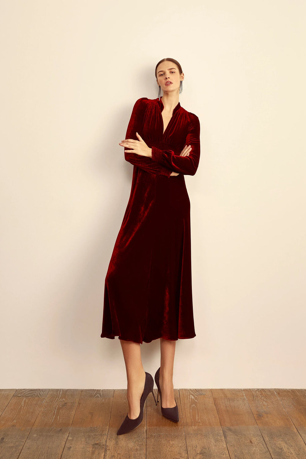Load image into Gallery viewer, Velvet Grandad Dress Ruby