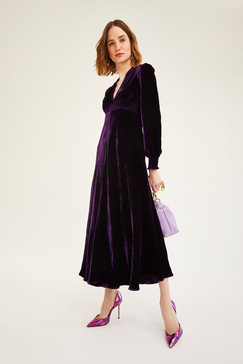 Load image into Gallery viewer, Velvet Grandad Dress Blueberry Purple - ARCHIVE SALE