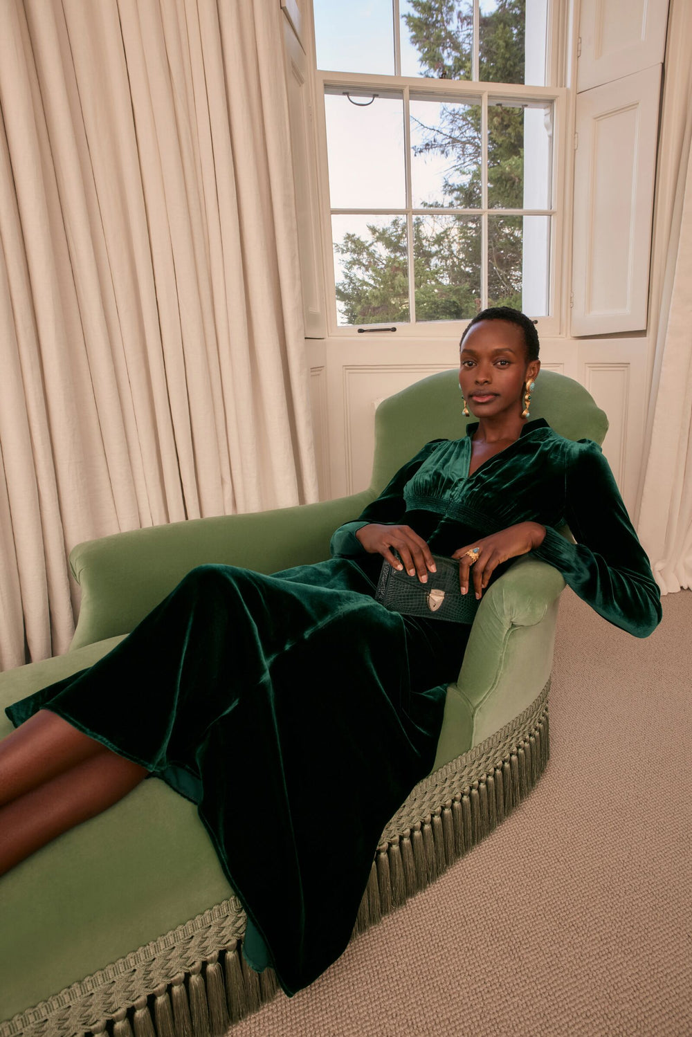 Load image into Gallery viewer, Velvet Grandad Dress Warm Forest Green