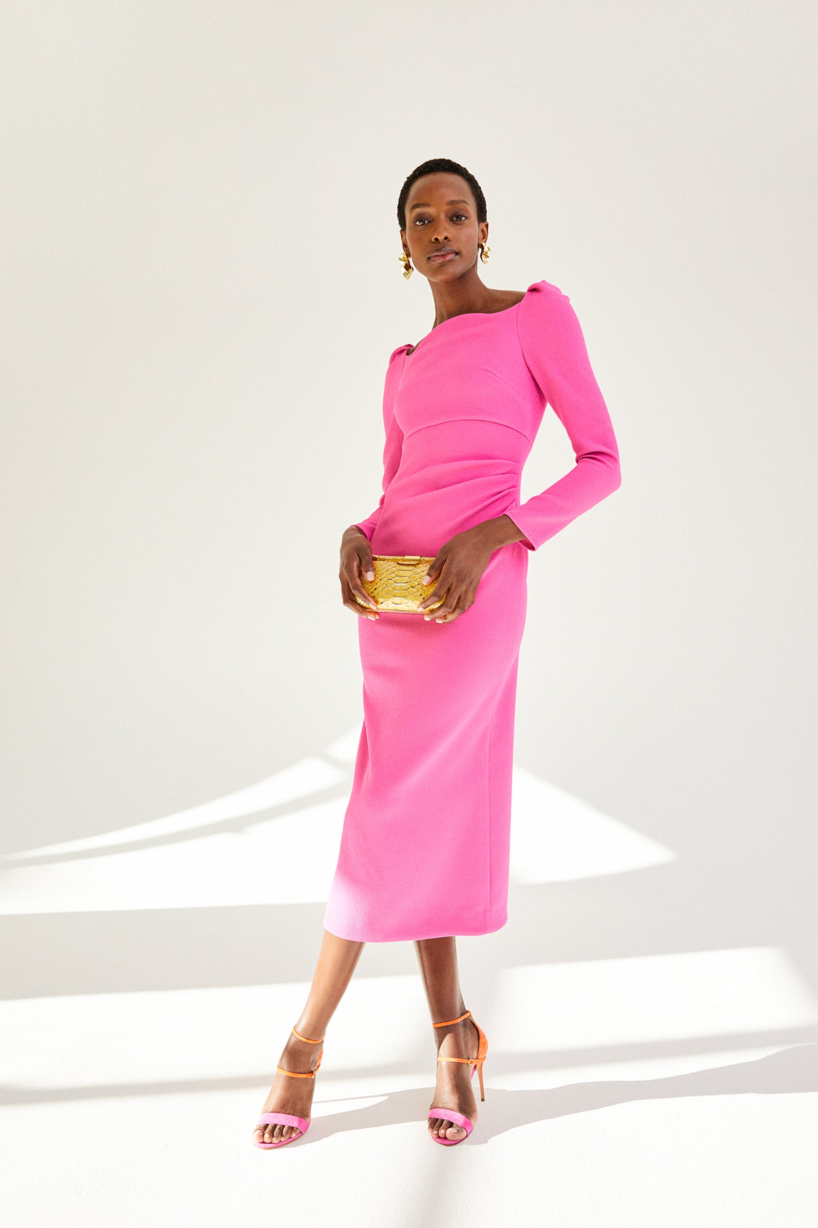 Suzannah London | Hot Pink Stretch Crepe Midi Length Long Sleeve Halley Dress | Luxury Evening Dress | Formal Gown Suzannah London | Hot Pink Stretch Crepe Midi Length Long Sleeve Halley Dress | Luxury Evening Dress | Formal Gown