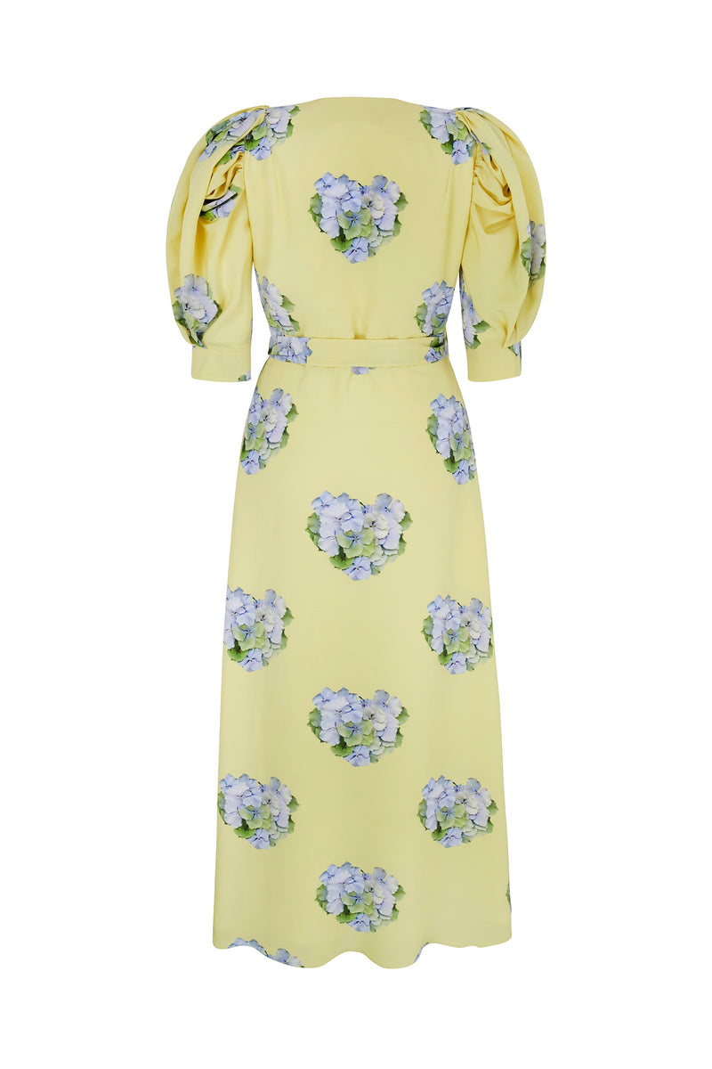 Load image into Gallery viewer, Hebe Wrap Dress Hydrangea Heart Print - ARCHIVE SALE