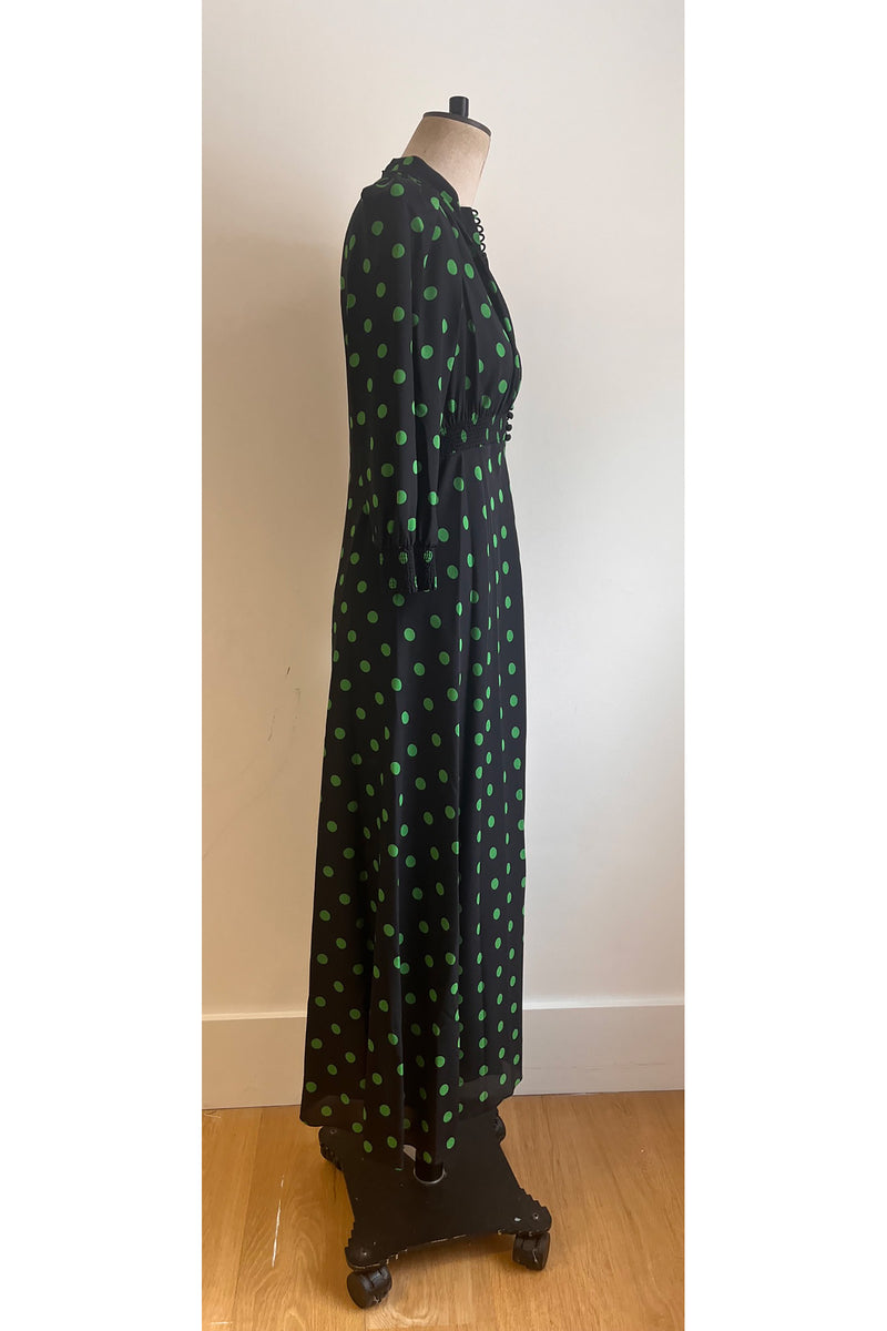 Load image into Gallery viewer, Gabriella Silk Tea Dress Navy and Green Polka ARCHIVE SALE