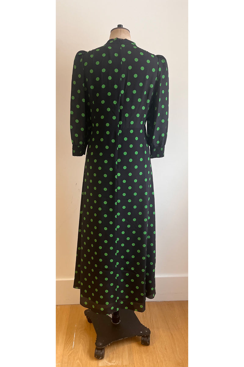Load image into Gallery viewer, Gabriella Silk Tea Dress Navy and Green Polka ARCHIVE SALE