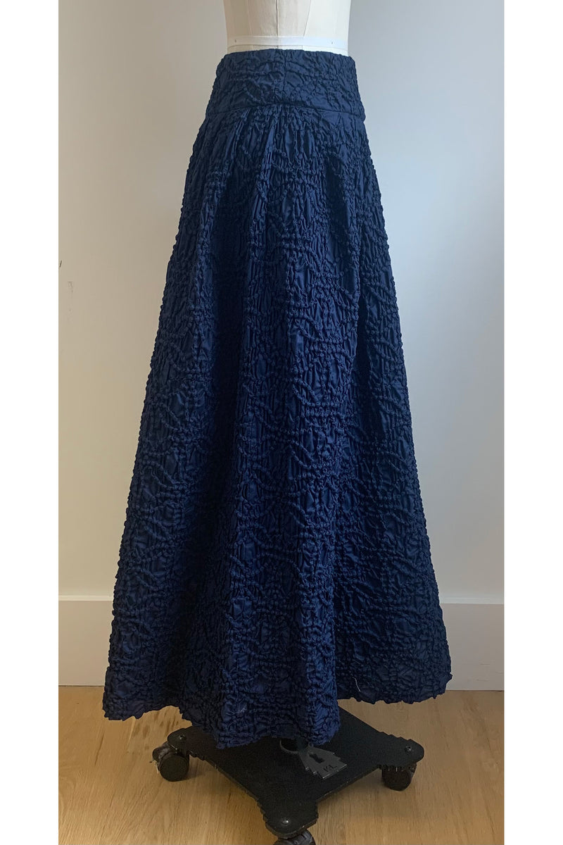 Load image into Gallery viewer, Midi Skirt Smocked Cloqué Navy ARCHIVE SALE